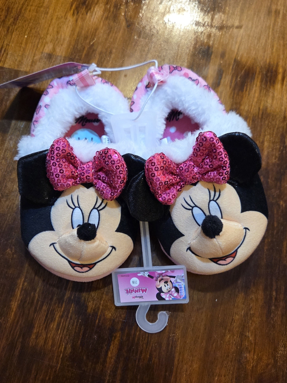 New Toddler Girls Minnie Mouse Cloth Slippers Sequin Pink Bow Size 7/8 Disney